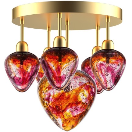 Zlatý lustr s šesti skleněnými srdci fuchsiové barvy