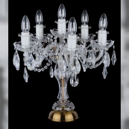 Dekorativní křišťálová stolní lampa se šesti žárovkami - staromosaz, křišťálové mandle