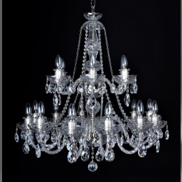 Stříbrný křišťálový lustr s 18-ti rameny s originálními křišťálovými mandlemi Swarovski