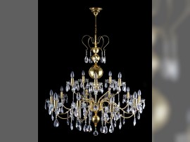 Velký lesklý lustr z tvarované mosazi, průměr 106 × 106 cm / 15 žárovek, křišťálové mandle, kód 6460-10+5-S
