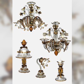 Kolekce designových lustrů a svítidel Murano z jantarového a čirého skla