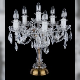 Dekorativní křišťálová stolní lampa se šesti žárovkami - staromosaz, křišťálové mandle