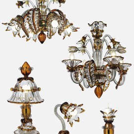Kolekce designových lustrů a svítidel Murano z jantarového a čirého skla
