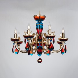 Křišťálový lustr s 8 rameny RED & BLUE zdobený zlatým amalgámem