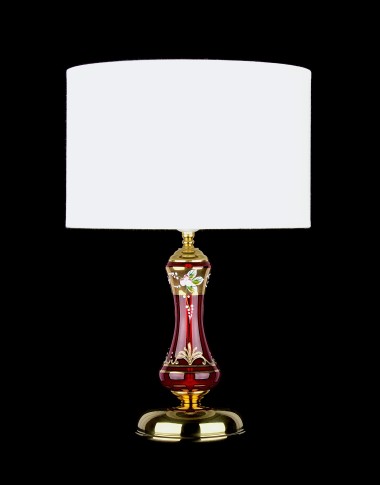 Lampa s válcovitým textilním stínidlem a rubínově zbarvenou skleněnou základnou