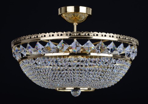 Zlatý košový křišťálový lustr Swarovski se čtvercovými kameny a 9-ti žárovkami