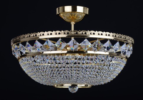 Zlatý košový křišťálový lustr Swarovski se čtvercovými kameny a 9-ti žárovkami