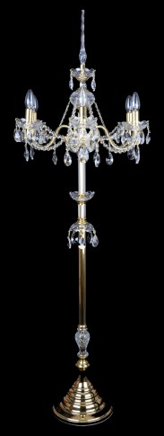 Vysoká stojací křišťálová lampa ze zlatého kovu s křišťýlovými ověsy