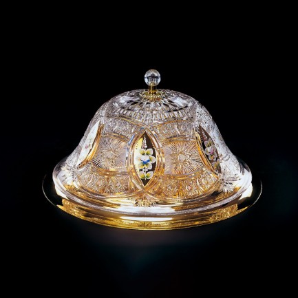 Luxusní přisazený košový lustr z broušeného skla zdobený zlatem - květy z vysokého smaltu.