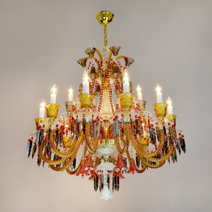 Tříbarevný lustr Baccarat - jantarový, červený, kouřový křišťál