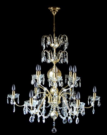 Menší lustr z tvarované mosazi, průměr 100 × 102 cm / 12 žárovek, křišťálové mandle, kód 6430-6+4-S